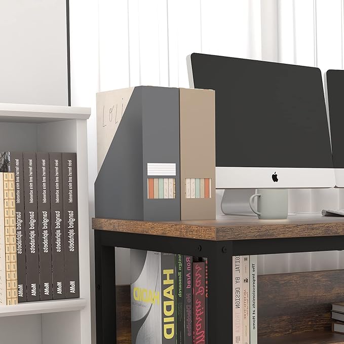 TOPSKY Computer Desk with Bookshelf/Metal Hole Cable Cover 1.18" Thick Desk (55", Rustic Brown)