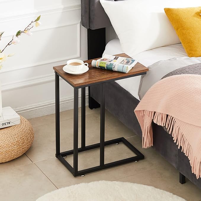 VECELO C Shaped End Side Table for Sofa Couch and Bed Snack TV Tray for Living Room Bedroom, 2 Set, Brown