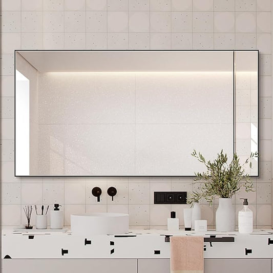 Black Bathroom Mirror for Wall, Rectangle Mirrors with Metal Frame, Modern Vanity Wall Mirror Decor for Entryway Hangs, Bathroom Living Room Horizontal or Vertical (Black, 36" L x 30" W)