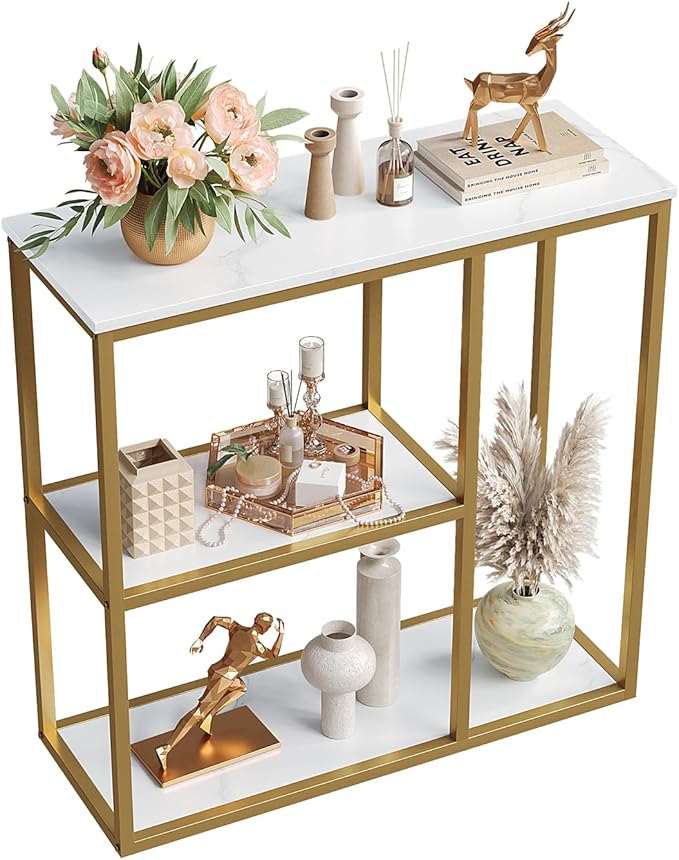 WOHOMO Console Table, Small Entryway Table with Storage Shelves 12'' Narrow Sofa Table Modern Hallway Table for Living Room 31.5" x12''x31.5'' White and Gold