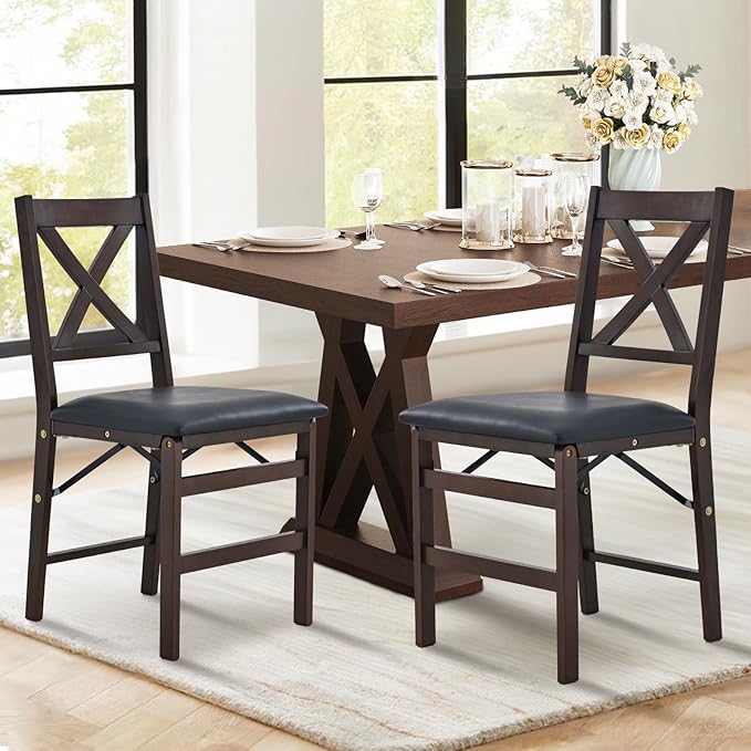 COLAMY Folding Dining Chairs Set of 2 – Dark Brown Wooden Dining Room Chairs, Pre-Assembled, Space Saving Kitchen & Dining Room Furniture, Mid Century Rustic Style, Indoor Outdoor Use