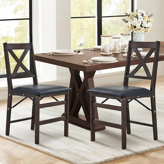 COLAMY Folding Dining Chairs Set of 2 – Dark Brown Wooden Dining Room Chairs, Pre-Assembled, Space Saving Kitchen & Dining Room Furniture, Mid Century Rustic Style, Indoor Outdoor Use
