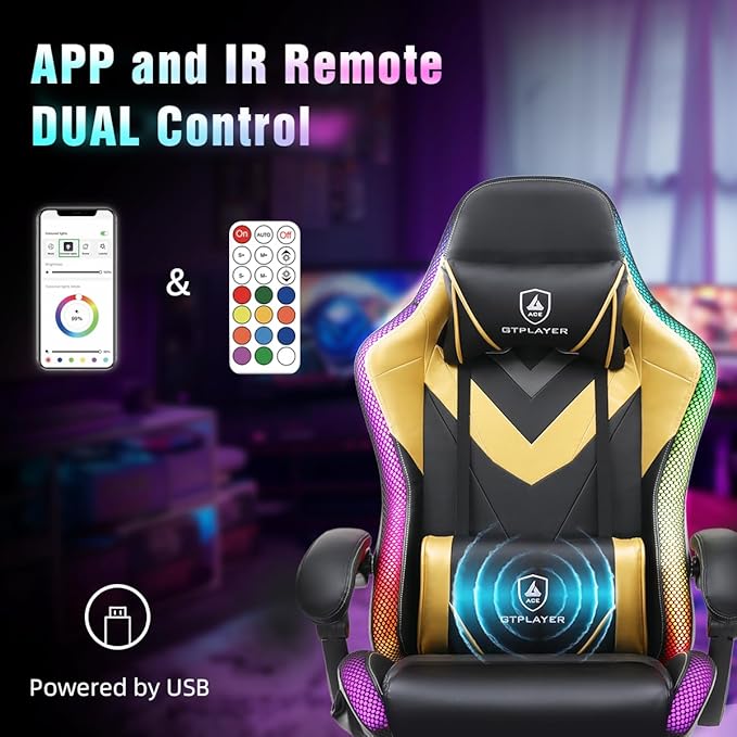 GTPLAYER Gaming Chair, RGB Gaming Chairs with LED Lights, Video Gaming Chair for Adults, Ergonomic Computer Gaming Chair with Linkage Armrest, Reclining Chair with Headrest (with Massage, Yellow)