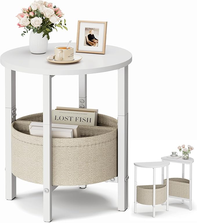 VAGUSICC Small Round Side Table End Table with Storage Basket, Tall Accent Coffee Table Round Nightstand, Set of 2 Half Round Tables Half Moon Tables, Sofa Bedside Table for Living Room Bedroom, White