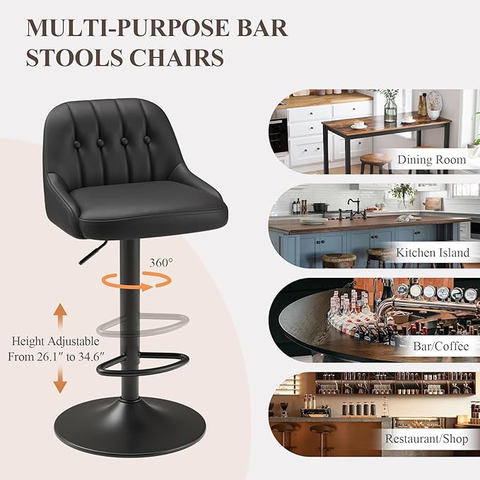 Bar Stools Set of 4, Swivel Bar Chairs, Modern Adjustable PU Leather Upholstered Barstools Counter Height with Tufted Back for Bar, Kitchen Counter Island, Dining Room, Black