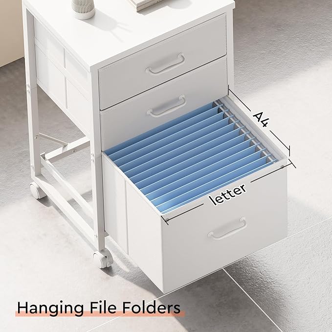 3 Drawer Mobile File Cabinet with Wheels Fabric Vertical Filing Cabinet fits A4 or Letter Size for Home Office,White