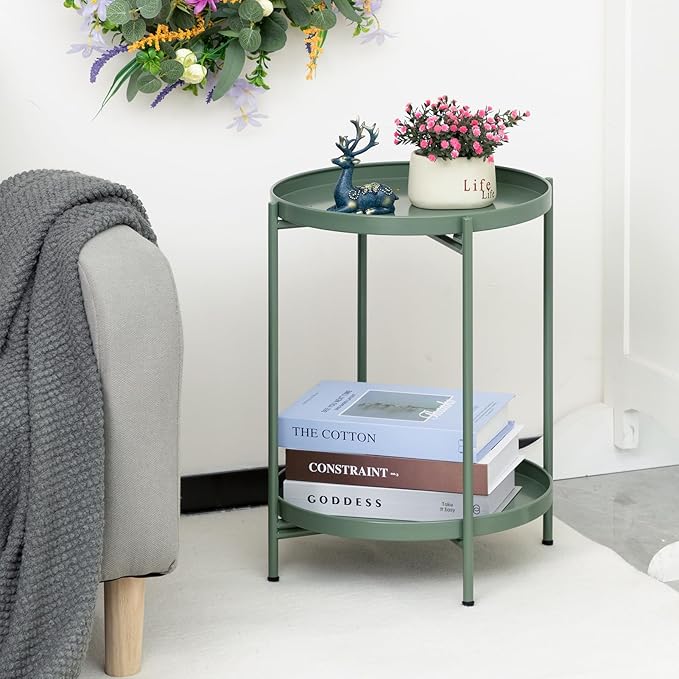 HollyHOME 2-Tier Round Side Table, Outdoor Small Folding Accent Stand with Removable Tray, Anti-Rust Metal Asional Table for Balcony Patio Living Room, Nightstand for Bedroom(Matcha Green)