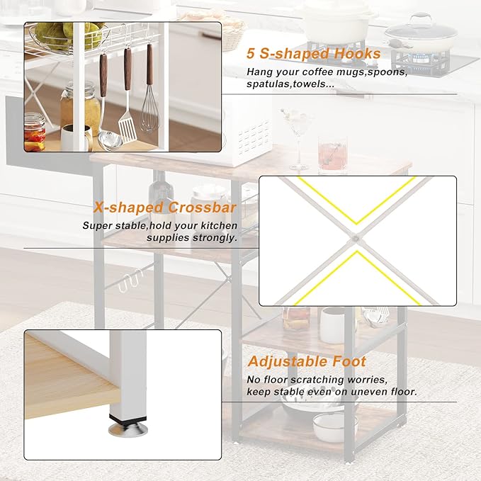 soges Kitchen Bakers Rack with 5 Hooks, Microwave Stand, Coffee Bar Station, Industrial Storage Shelf with Wire Basket, Adjustable Feet, Sturdy Metal Frame for Kitchen, Pantry, Living Room, White Oak