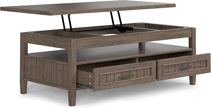 SIMPLIHOME Lev Lift Top Coffee Table - 48 inch Wide Solid Wood Rectangle Living Room Table in Smoky Brown, Transitional Cocktail Table for Family Room with Hidden Storage and Open Shelf