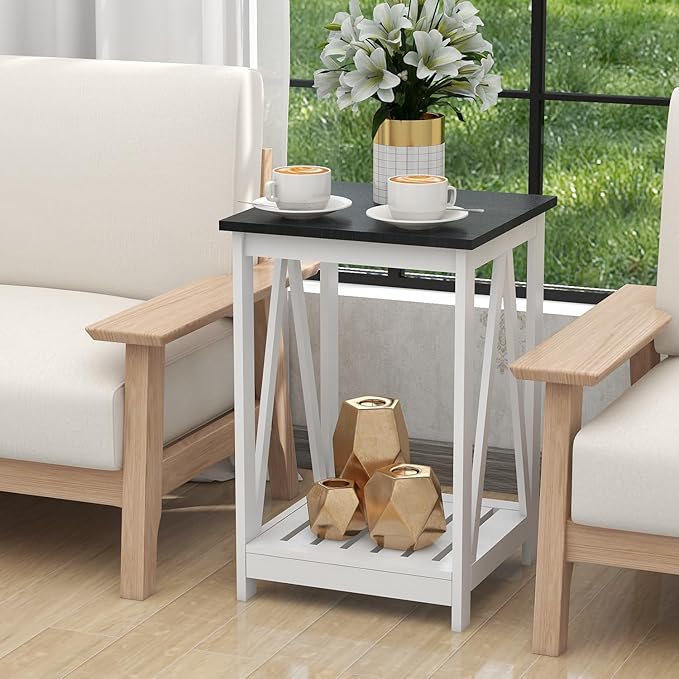 Farmhouse Square End Table, Accent Side Table with Slats Design, Sofa Side Table with Sturdy Frame for Living Room, Oak Black