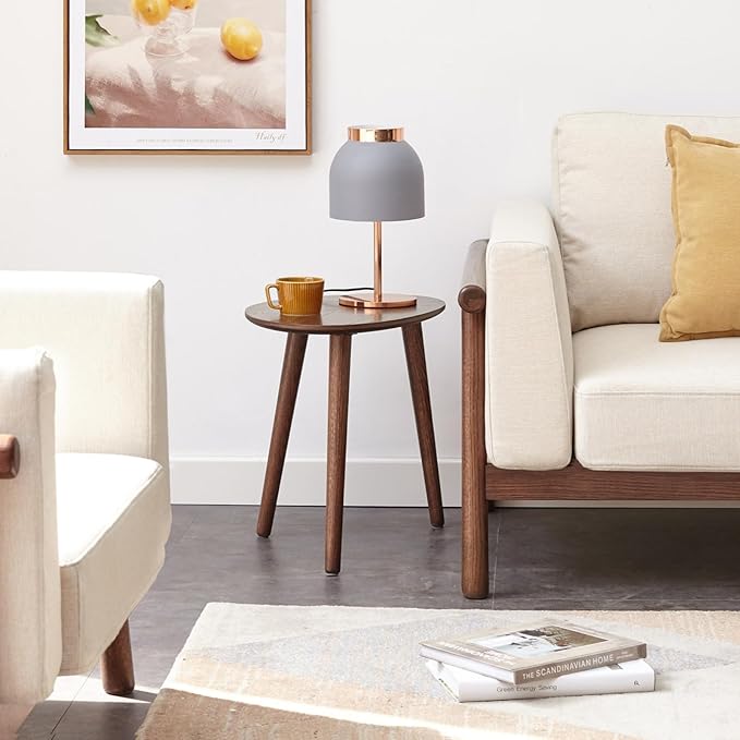Small Oval Coffee Table, 19.7'' Small Mid Century Modern End Table for Living Room, 100% Solid Oak Wood Side Table, Minimalist Display Center Table(Walnut Color, 19.68" Wx13.38 Dx17.71 H)