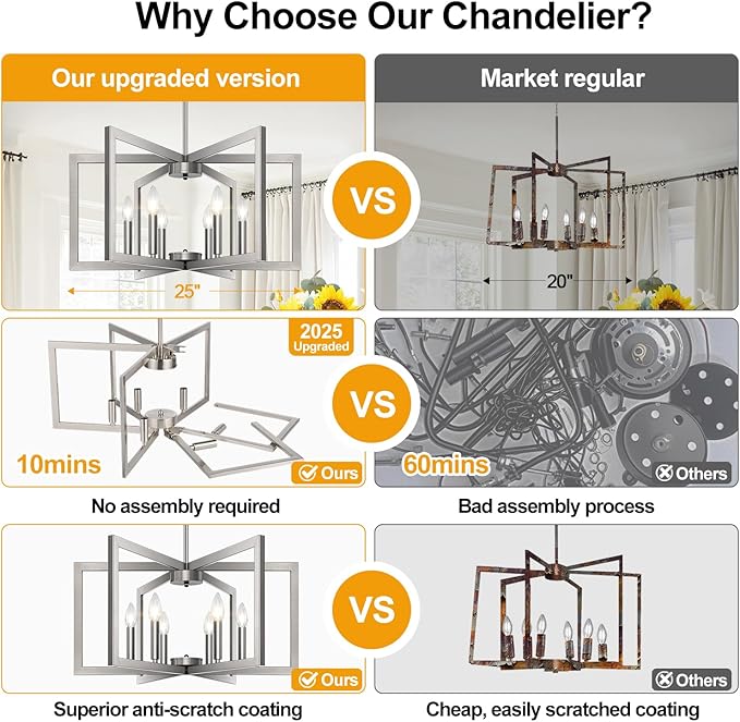 25" Modern Brushed Nickel Chandelier for Dining Room (6-Light, 25-Inch), Geometric Dining Room Light Fixture Over Table, Industrial Metal Hanging Pendant Lights for Kitchen Island, Entryway, Foyer