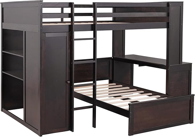 Full Size Loft Bed with Wardrobe Desk and Shelves,Solid Wood Bunk Stand-Alone Platform Bedframe,w/Safety Guardrail,for Kids Teens Adults Bedroom,Espresso