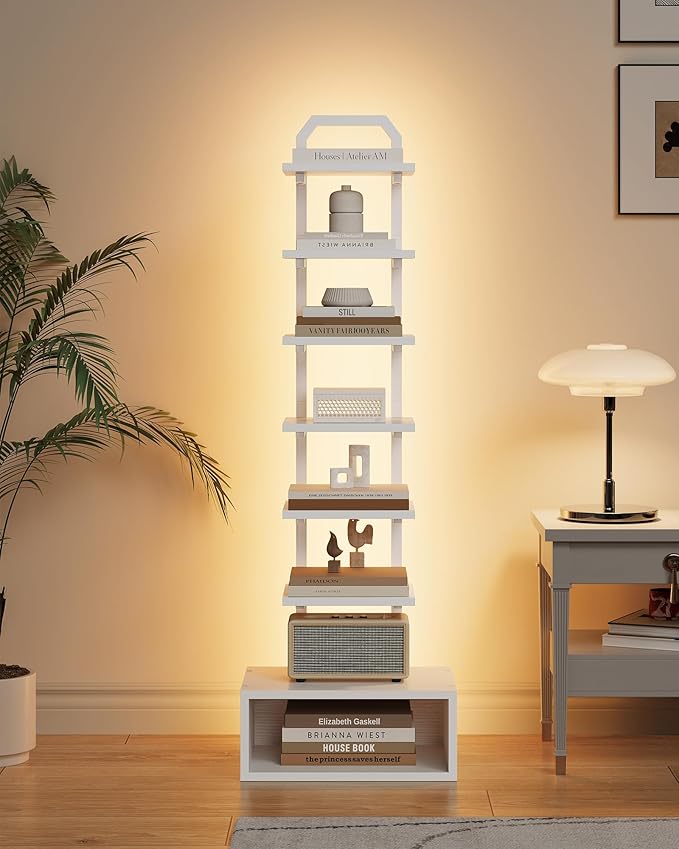 8-Tier Bookshelf, LED Bookcase with Semi-Open Bottom, Small Space Standing Shelf with Lights, Corner Storage Stand, for Living Room, Home Office, Bedroom, White TSJ08DWB