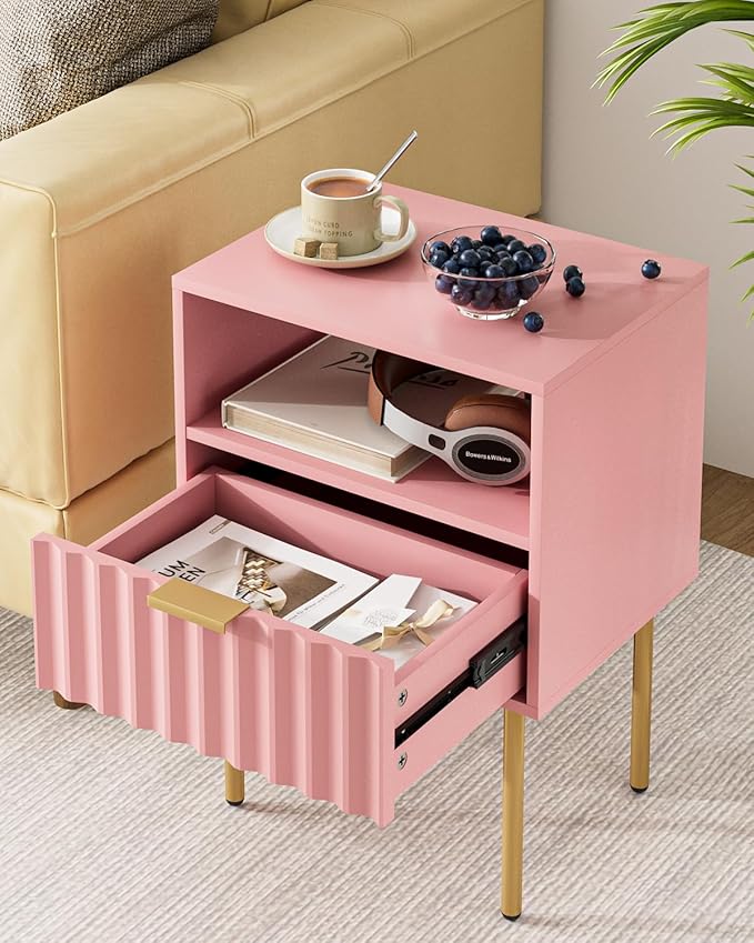 Nightstand,Modern Bedside Table with Gold Frame,Pink Night Stand,Bedside Furniture, Modern Side Table with Drawer and Shelf for Bedroom,Living Room (Pink)