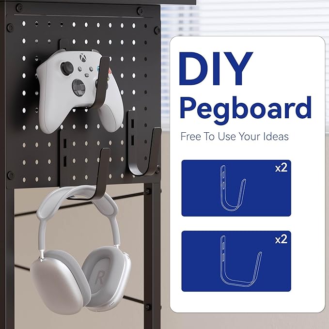 Pamray 64 Inch L Shaped Gaming Desk with Power Outlets and Led Lights, Large Corner Computer Desk with Monitor Stand and Pegboard, PC Table for Home Office and Bedroom Black