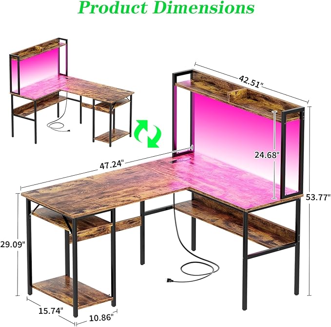 L Shaped Computer Desk with Hutch and Storage Shelves, Gaming Desk with LED Lights, Reversible L-Shaped Desk with Power Outlets, Home Office Desk, Corner Desk, Rustic Brown