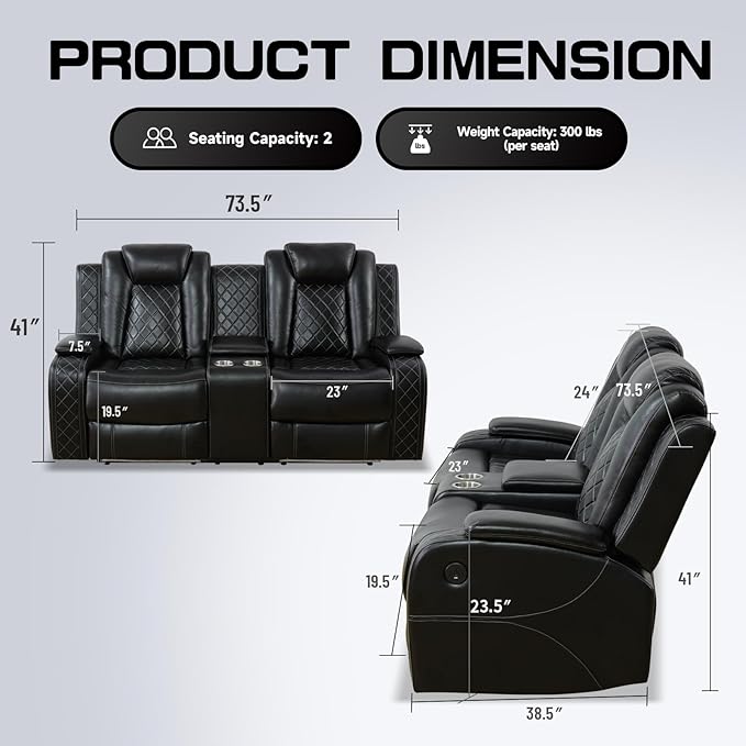 Nicbex PU Leather Power Wall Hugger Chair Double Reclining Sectional Sofa 2-Seater Loveseat Couch with Center Storage Console, USB Port, Cup Holders and Ambient LED Light for Living Room RV Theater