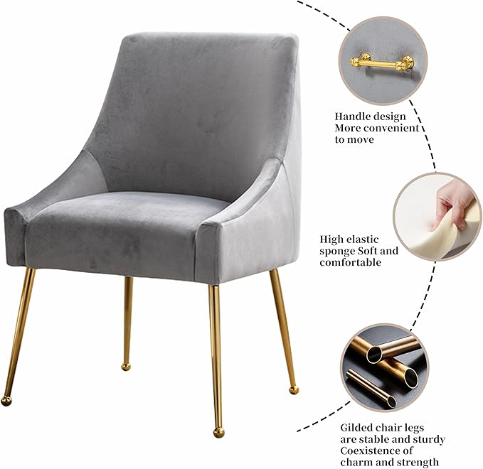 Modern Velvet Dining Chairs Set of 6, Contemporary Upholstered Furniture Collection with Polished Gold Metal Legs, Elegant Accent Chairs for Kitchen Living Room(Grey)
