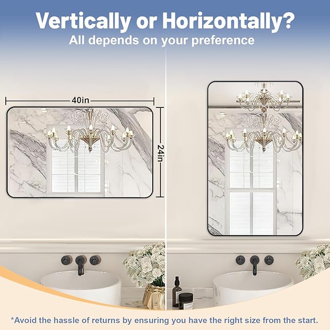 Black Mirrors for Bathroom, 24"x40" Rounded Corner Rectangle Mirror, Modern Metal Frame Bathroom Vanity Mirror for Home Decor Living Room Entryway (Horizontal/Vertical)