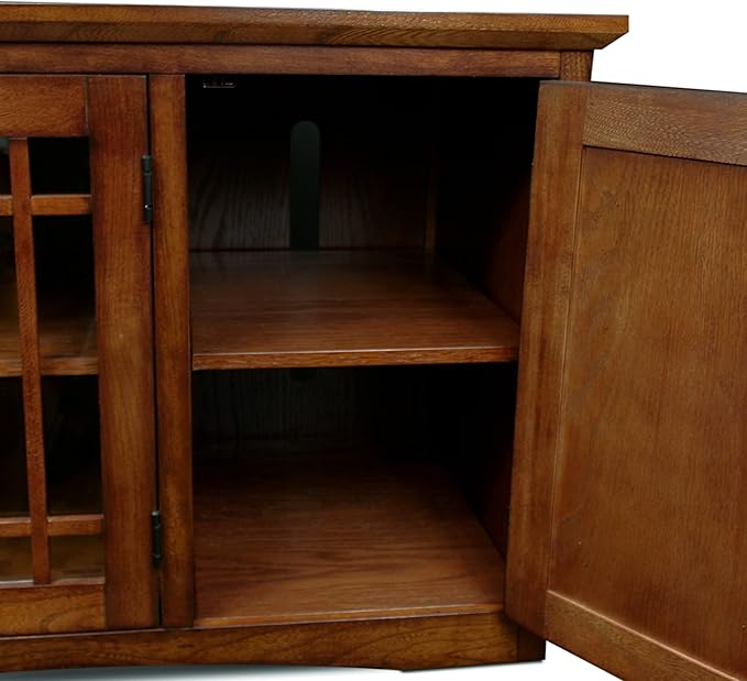 Leick Home 82360 Solid Wood Mission Oak Four Door TV Stand For 65" TVs Universal TV Console Living Room Storage Shelves Entertainment Center, Mission Oak