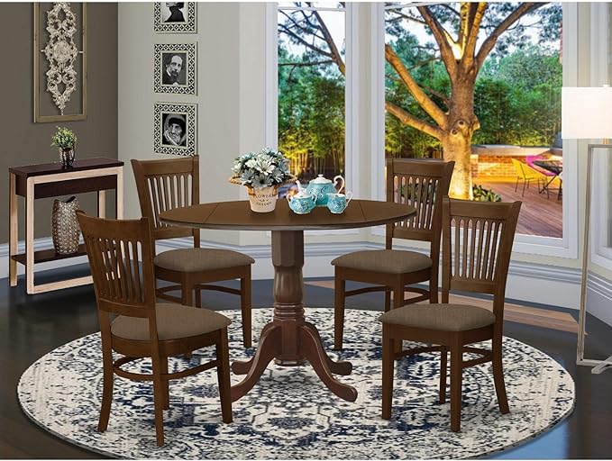 East West Furniture DLVA5-ESP-C 5 Piece Dining Set Includes a Round Dining Room Table with Dropleaf and 4 Linen Fabric Upholstered Chairs, 42x42 Inch, Espresso