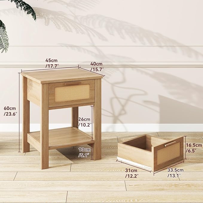 IBUYKE Rattan Nightstand, Boho Night Stand with Drawer, Wood Bedside Tables with Storage Shelf, End Table with Legs for Bedroom, Natural UWNS011N