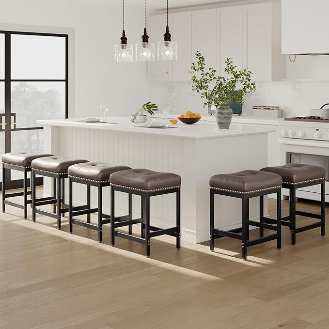 MALOL Set of 4 Saddle Bar Stools Counter Height 24.4”, Backless Barstools for Kitchen Island, Modern PU Leather Cushioned Seat, Bar Chairs for Kitchen Counter, Breakfast Bar Stools for Home,Brown