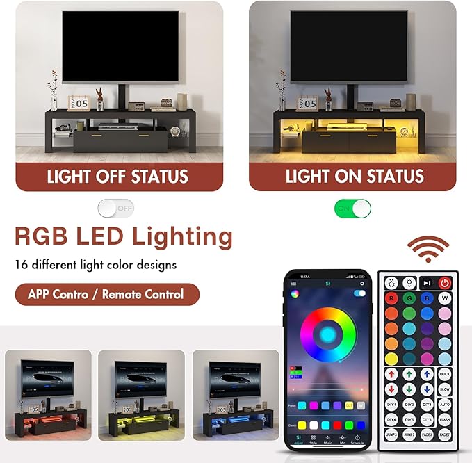 Redkey Modern TV Stand with Mount - TV Console with 2AC Outlets - Television Stands with RGB Led Light for 75 Inch TVs - Double Cabinet - 40°Adjustable Amplitude - Black(FBA)