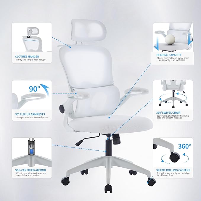 Ergonomic Mesh Office Chair, 400 lbs Capacity, High Back Desk Chair with Adjustable Lumbar Support, 3D Headrest, Flip-Up Armrests, and PU Wheels for Long Workdays and Home Office (White)