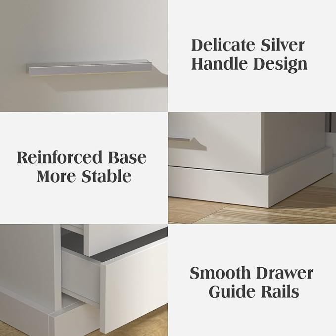 Nightstand with Charging Station, LED Lights Side Table with 3 Drawers, End Table for Bedroom Ofiice White 2 Set