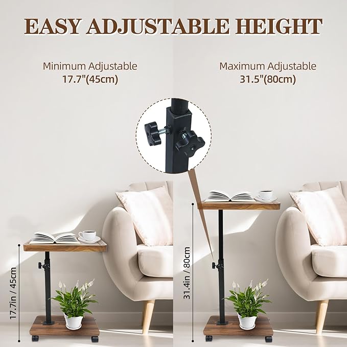 C Table Side Table End Table Adjustable Height，C Shaped End for Couch，Snack Tables,360°Swivel TV Tray Sofa Table， for Small Spaces，Side Tables Living Room and Bedroom for Sofa, Bed,Chair