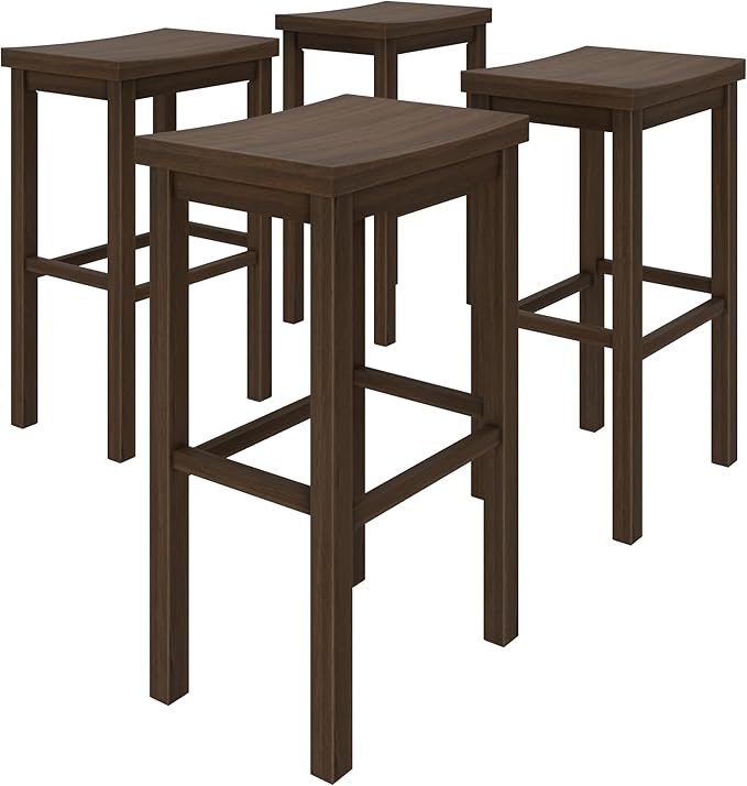Grain & Grove Smith Collection Set of 4 Solid Wood Bar Stools, 30 inch Saddle-Seat Bar Chairs, Backless, Heavy-Duty Construction, Footrest Support, for Kitchen Islands, Home Bars, and Counters, Walnut