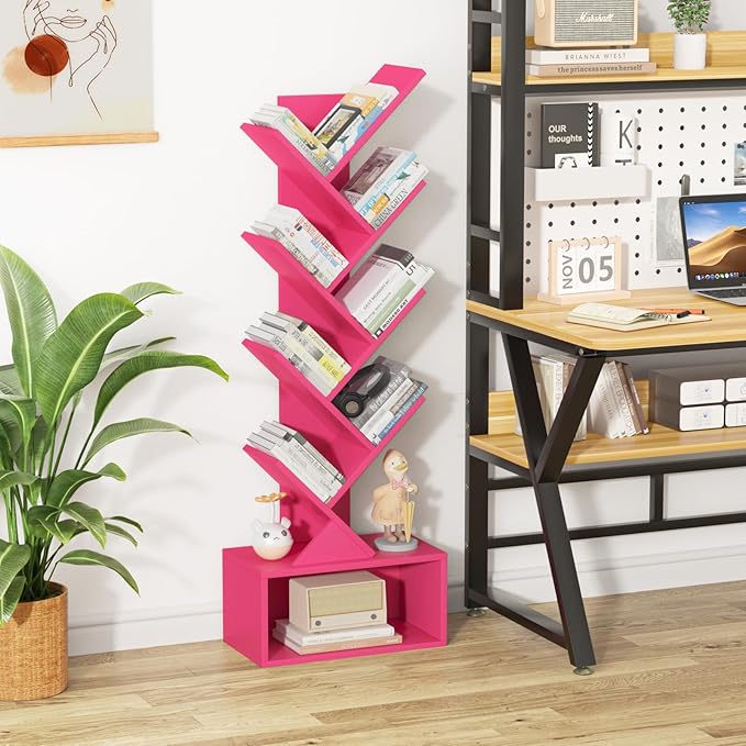 9 Tier Tree Bookshelf,Christmas Green Bookcase for Narrow Space, Storage Organizer Floor Standing Bookshelves for Books, Tall Book Case for Home Office, Living Room, Bedroom