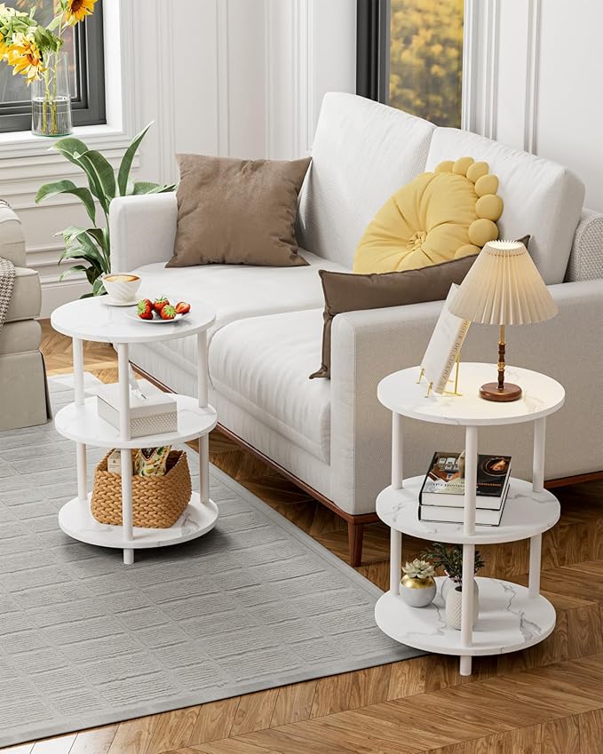 Small Round End Table - 3 Tier Design Accent Table, Narrow Side or Bedside Stand, Industrial Vintage Nightstand for Bedroom, Living Room, or Small Spaces, Set of 2, Marble White