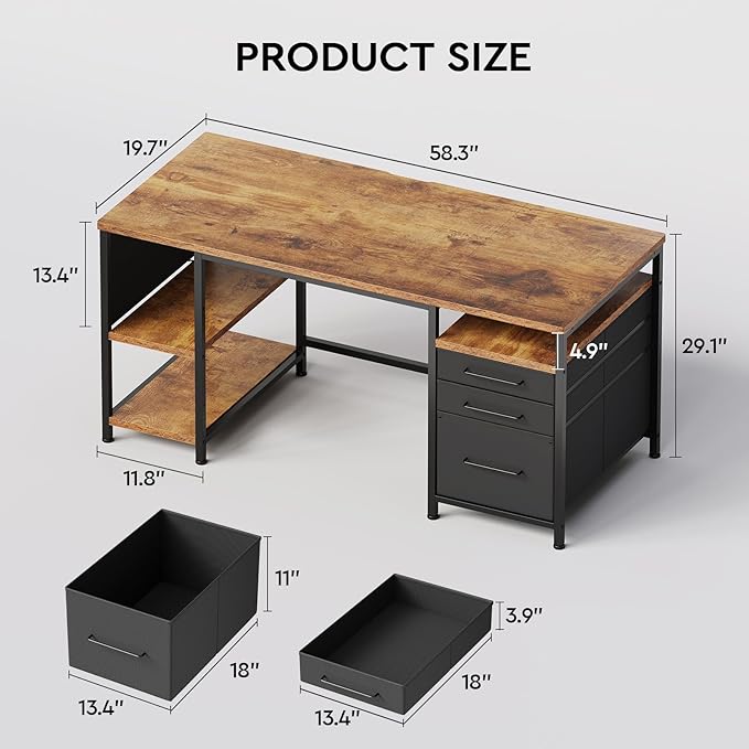 Ｍａｉｈａｉｌ Maihail Home Office Desk with Drawers Adjustable Shelves, 59 inch Writing Desk with File Cabinet, Large Computer Desk with Storage, Rustic Brown