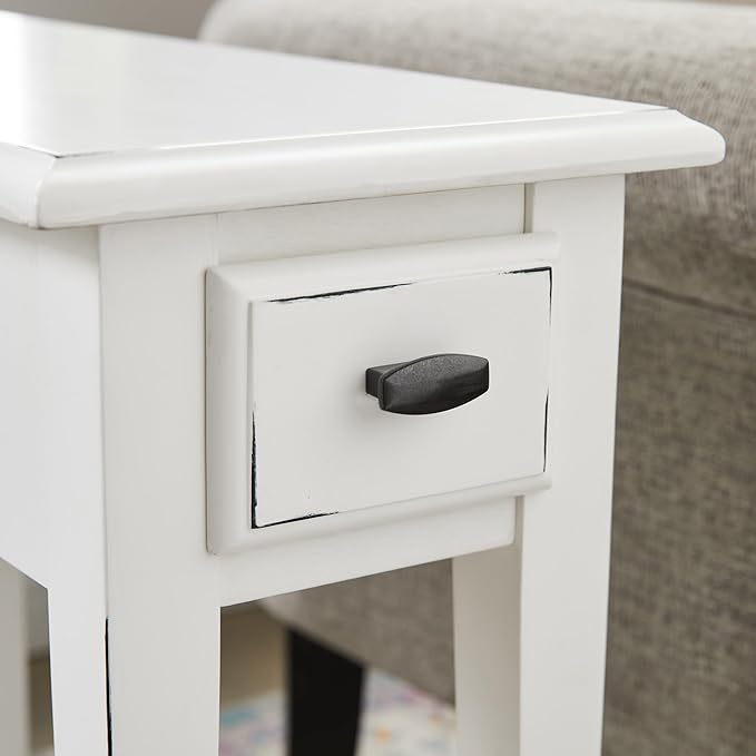 Haven Ridge Narrow End Table, Solid Wood Side Table with Drawer and Shelf, Farmhouse White, Perfect for Living Rooms, Bedrooms, and Small Spaces – Leick Home, 214361
