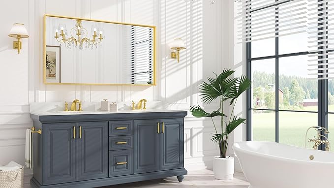 Keonjinn Gold Bathroom Vanity Mirror 55" x 30" Rectangle Large Wall Mirror Metal Framed Brushed Gold Rectangular Modern Farmhouse Mirrors for Over Sink(Horizontal/Vertical)