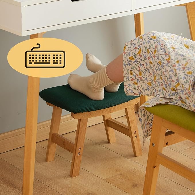 Foot Stool Ottoman Foot Rest Under Desk,Small Stool for Living Room, Bedroom and Kitchen (Natural Legs - Green Stool Surface)