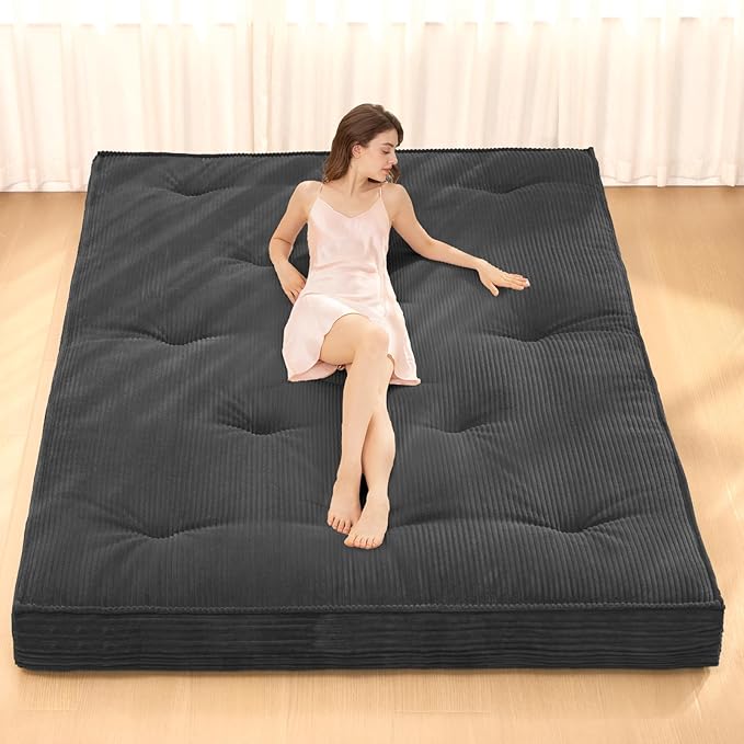 Japanese Floor Mattress, 4" Thicken Futon Mattress Queen Size Sleeping Pad, Corduroy Foldable Mattress Pad Roll Up Tatami Mat Floor Mattress for Adults（Grey）