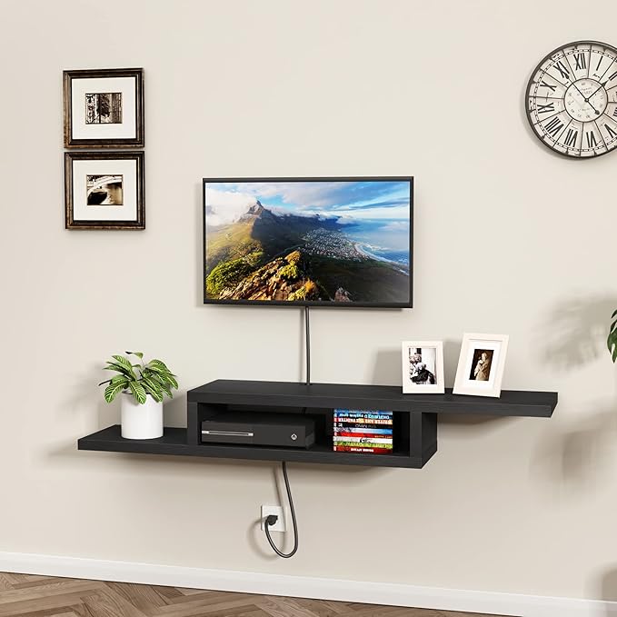 ChooChoo Floating TV Stand Shelf, Wall Mount Entertainment Center, 60” Media Console Stand for Living Room, Bedroom, Black