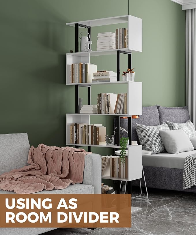 Gadroad 6 Tier Geometric Bookcase,S Shaped Bookshelf, Wood Decorative Storage Shelving, Modern Freestanding Display Shelves, Tall Book Shelf Unit for Living Room Bedroom, White