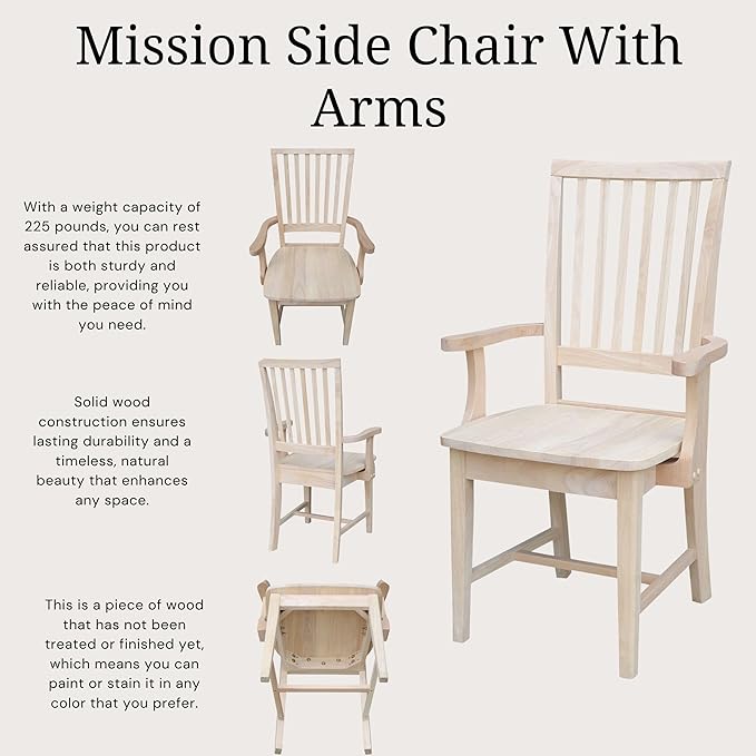 IC International Concepts Mission Side Chair with Arms Solid Parawood, Box Seat Construction, Kitchen/Dining, 22"W x 21"D x 39"H, 225 Lbs Wt. Capacity, DIY, Paint/Stain In Any Color, Unfinished