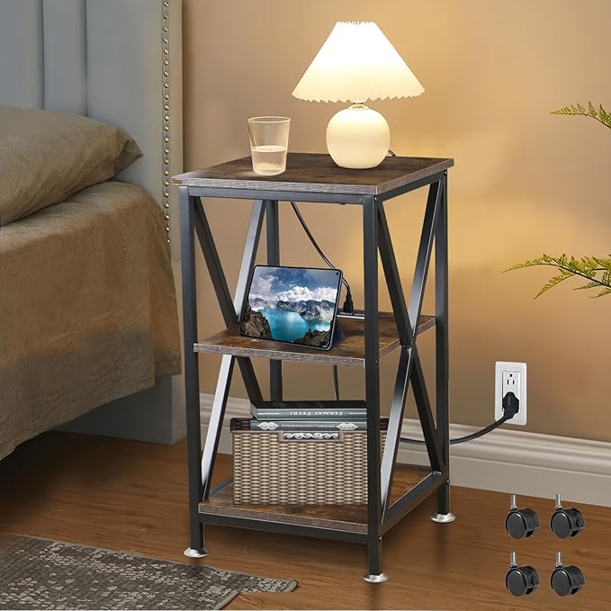 Square End Table with Charging Station, 3-Tier End Table Living Room, 16" D X 16" W X 28" H, Wood and Metal Table with USB Ports and Outlets, Side Table with Wheels for Living Room, Bedroom, Kitchen