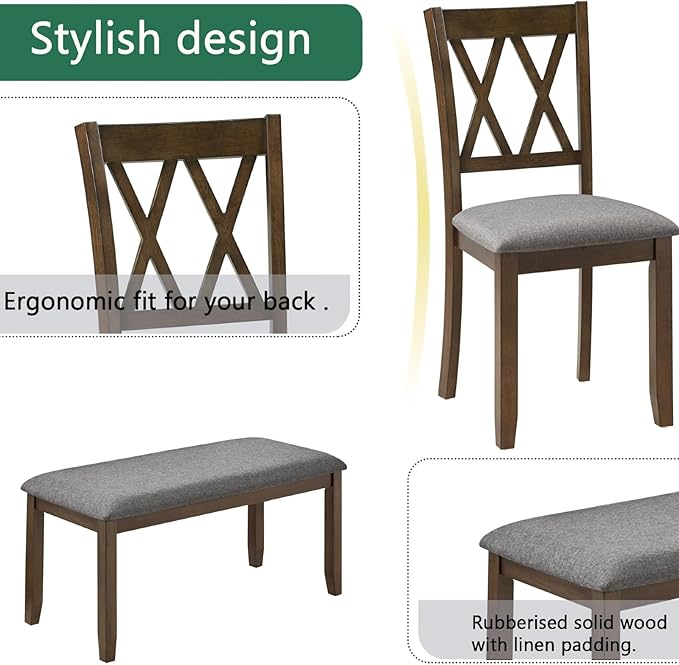 Dining Table Set, Wooden Kitchen Table Set with Rectangular Table, 4 Vertical X Backrest Upholstered Chairs & a Bench, Table and Chairs with Non-Slip Feetmats for 6 People, Living Room, Walnut
