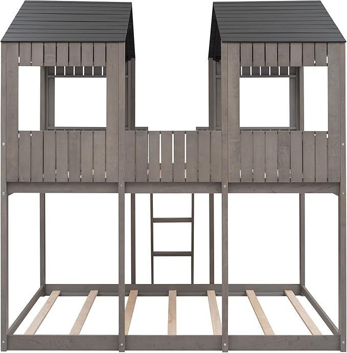 Ball & Cast Full Over Full Size Playhouse Bunk Bed with Roof and Window,Wood Bunkbed w/Full-Length Guard Rail & Ladder,Slat Support,Space Saving,Bedroom Furniture for Student Dorms,Antique Gray