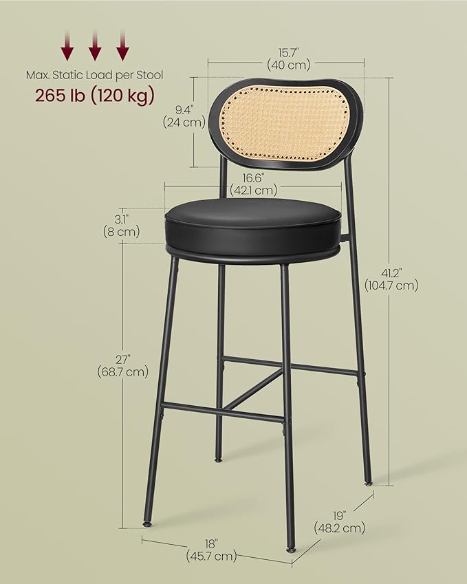 VASAGLE Bar Stools Set of 2, Bar Height Stools with Rattan Back and Metal Legs, 30.1-Inch Tall Counter Chairs, Modern Leather Upholstered Barstools for Kitchen Island Dining Room, Ink Black