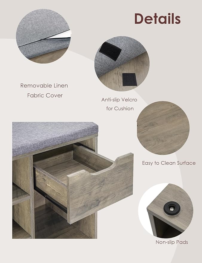 DINZI LVJ Shoe Bench, Entryway Storage Bench with Drawer and 15 Cubbies, Cubby Shoe Rack with Adjustable Shelves, Shoe Organizer Cabinet for Living Room, Bedroom, Mudroom and Garage, Gray Wash