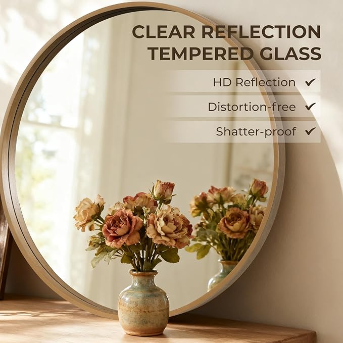 HOMECOOKIN Round Wood Mirror 28 inch Circle Wall Mirror for Bathroom, Vanity, Entryway, Living Room Decor, Natural Boho Accent