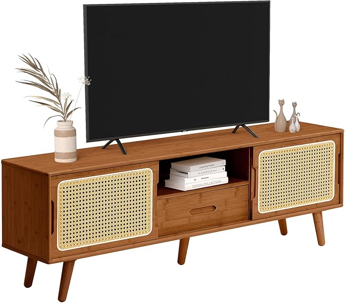 HollyHOME Bamboo TV Stand with Storage for TVs up to 65", Modern Entertainment Center with Rattan and Drawer, Accent TV Table with 2 Shelf, Media Console Cabinet for Living Room, Bedroom, Walnut